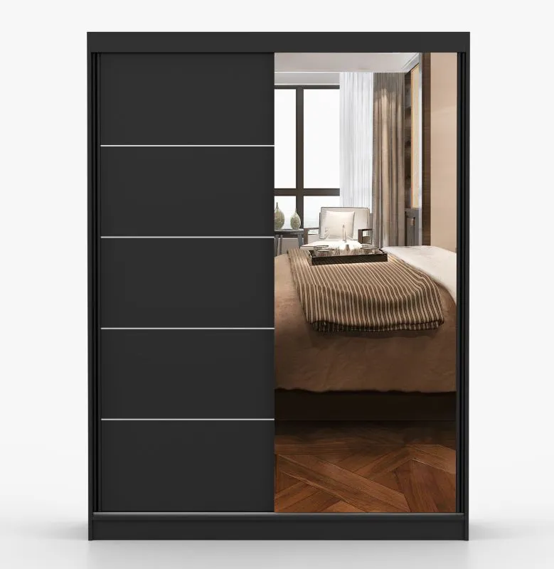 Schiebetürenschrank / Kleiderschrank | Spiegel | 200 x 150 x 61 cm | Schwarz | Bucegi 32 | 2 Türen | 6 Fächer | Griffe: Aluminium | Kleiderstange