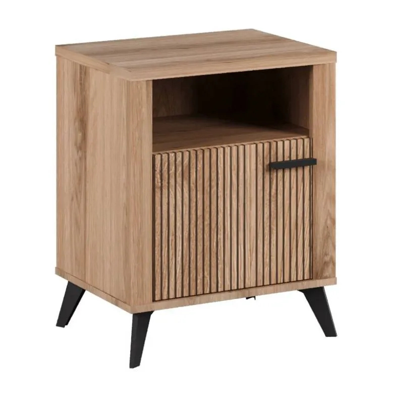 Nachtkommode mit gerillter Front, 66 x 54 x 40 cm, in Eiche, mit 1 Tür und 2 Fächern, eleganter länglicher Griff, schwarze Beine