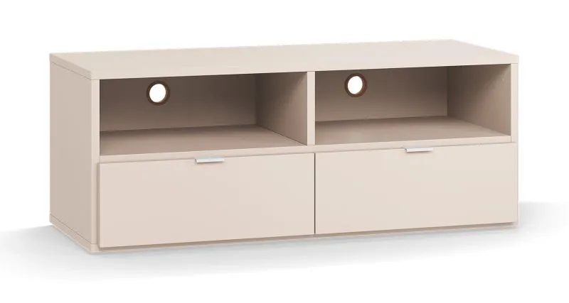 TV-Möbel / TV-Unterschrank | Farbe: Beige | zwei Schubladen | Maße: 120 x 47 x 46,5 cm | zwei Kabeldurchführungen | Soft-Close Funktion | zwei Fächer