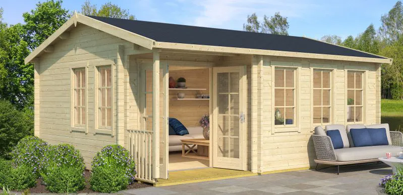 Gartenhaus G288 Natur inkl. Fußboden - 44 mm Blockbohlenhaus, Grundfläche: 26,88 m², Satteldach, 5 Einzelfenster mit Premium Isolierverglasung, Doppeltür