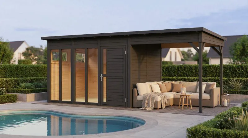 Gartenlaube | Anthrazit | Anbaudach | inkl. großem Panoramafenster | Grundfläche: 13,08 m² | inkl. Fußboden | Poolhaus | Flachdach | Elementbauweise | Sonnenglück 02