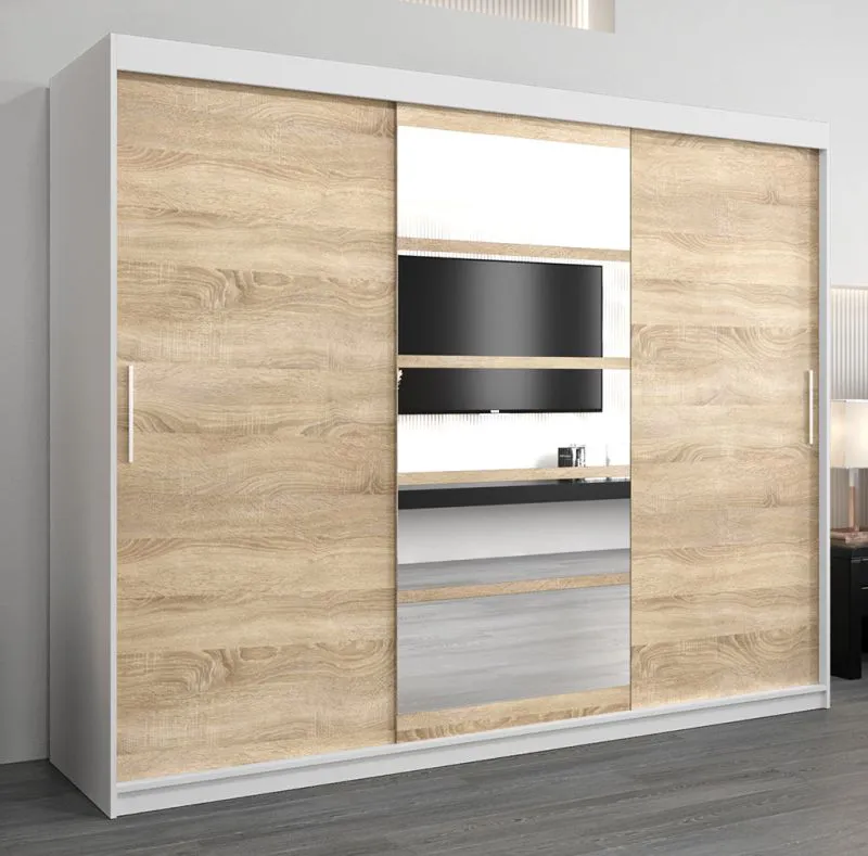 Schiebetürenschrank / Kleiderschrank Aizkorri 06A mit Spiegel, Farbe: Weiß matt / Eiche Sonoma - Abmessungen: 200 x 250 x 62 cm (H x B x T)