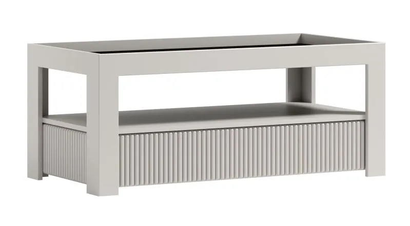 Couchtisch in Kaschmir, 53 x 121 x 61 cm, Rillenmuster an den Seitenflächen, braune Tischfläche aus Glas, 1 praktisches Ablagefach, modernes Design