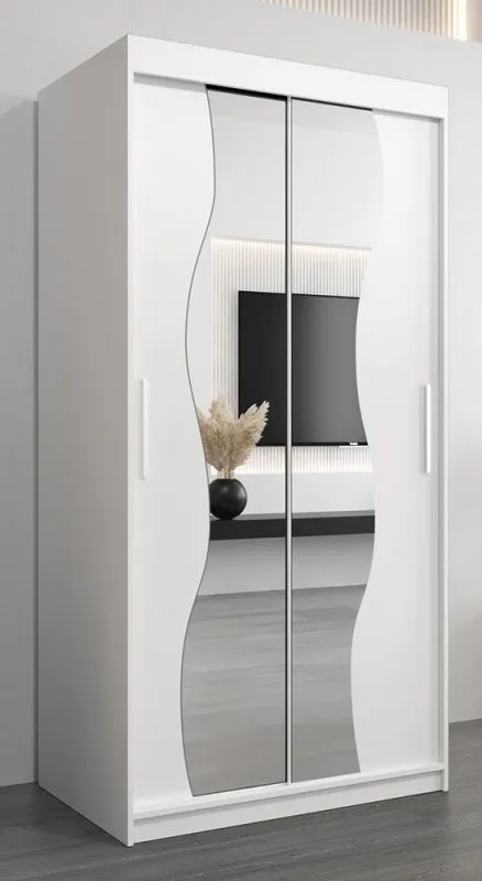 100 cm breiter Schiebetürenschrank mit 2 Türen | 5 Fächer | 2 Kleiderstangen | Farbe: Weiß Abbildung