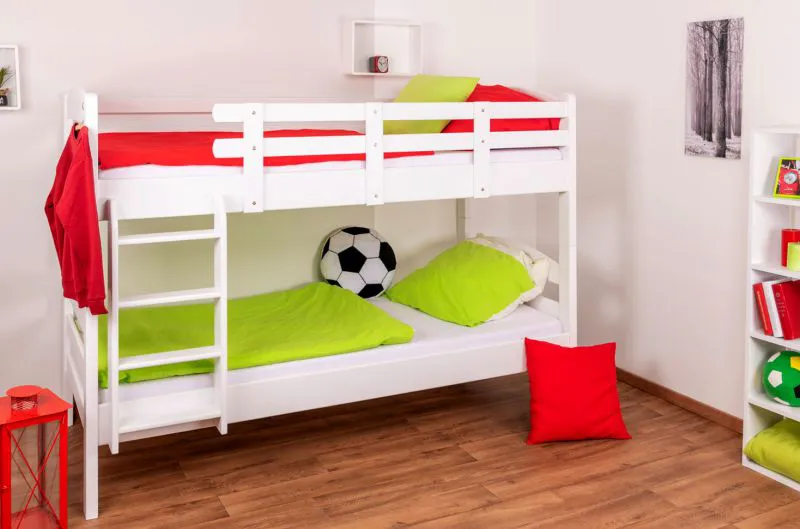 Stockbett für Jugendliche 90 x 200 cm | Massivholz: Buche | Weiß Lackiert | umbaubar in 2 Einzelbetten | inkl. Rollroste Abbildung