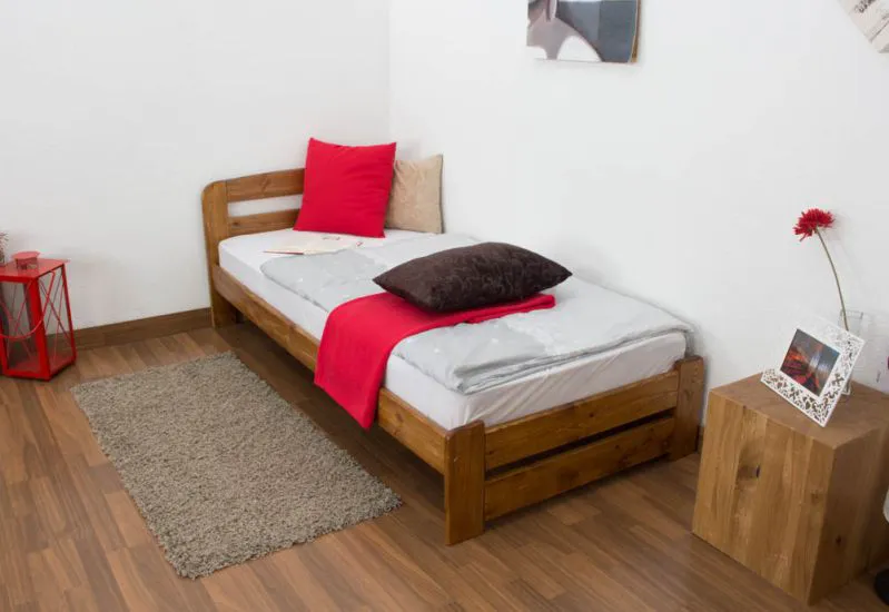 Einzelbett / Gästebett Kiefer Vollholz massiv Eichefarben A7, inkl. Lattenrost - Abmessungen: 90 x 200 cm