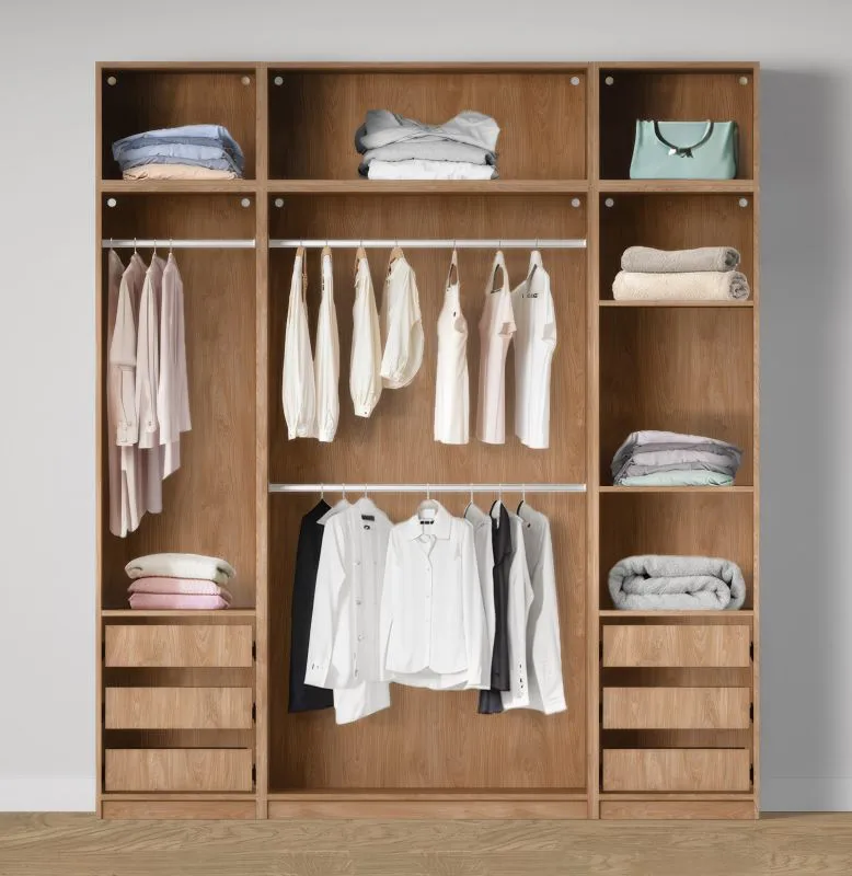 Offener Kleiderschrank | breit | 3 Kleiderstangen | Farbe: Eiche Puccini | 3 Innenschubladen | 4 Fächer | Maße: 206 x 55 x 234 cm | 2 Holzeinlegeböden