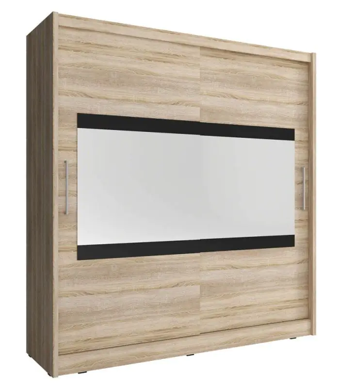 Schwebetürenschrank mit Spiegelstreifen Warbreck 48, Farbe: Eiche Sonoma - Abmessungen: 200 x 180 x 62 cm (H x B x T), mit fünf Fächern