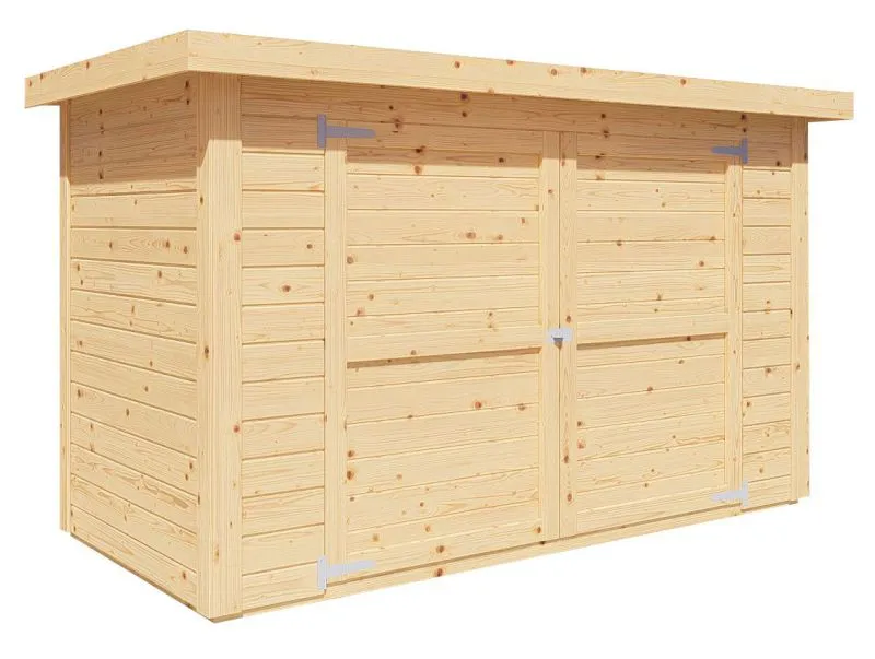 Fahrradschuppen inkl. Fußboden, Fahrradgarage, Gerätehaus, Naturbelassen - Elementgartenhaus, Grundfläche: 2,11 m², Flachdach, Doppeltür aus Massivholz