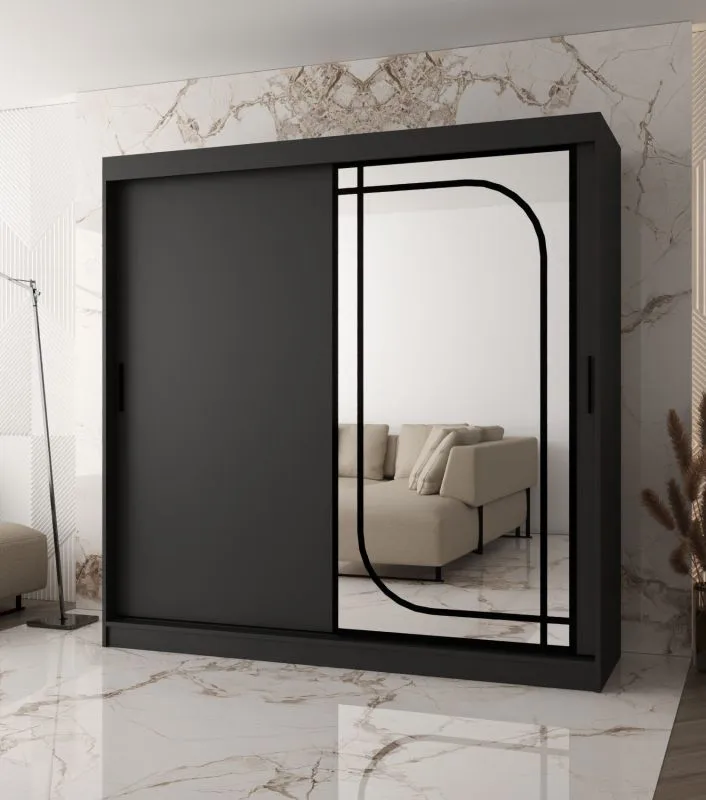 Schiebetürenschrank | Schwarz Matt | dekorativer Spiegel | 200 x 62 x 200 cm | 10 Fächer | 2 Kleiderstangen | Moderne Details | Kleiderschrank