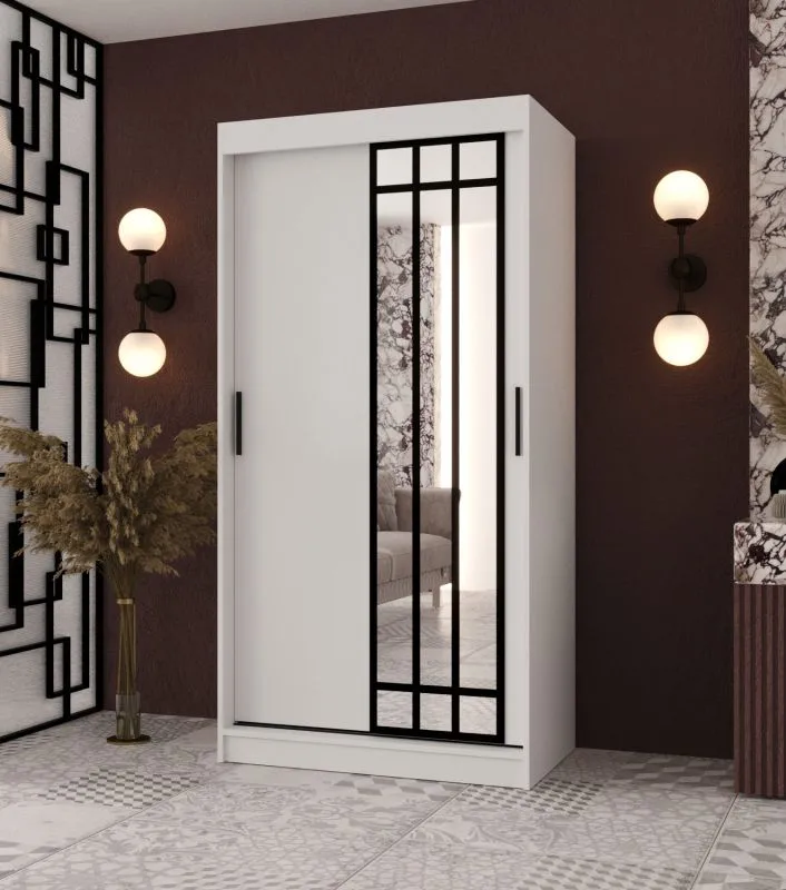 Schiebetürenschrank / Kleiderschrank | Weiß Matt | 100 x 62 x 200 cm | schmal | 1 Spiegeltür | moderne Details | 2 Kleiderstangen | 5 Fächer