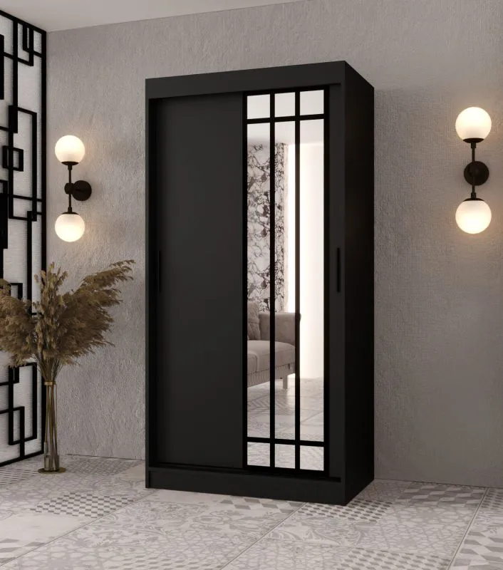 Schiebetürenschrank / Kleiderschrank | Schwarz Matt | 100 x 62 x 200 cm | schmal | 1 Spiegeltür | moderne Details | 2 Kleiderstangen | 5 Fächer