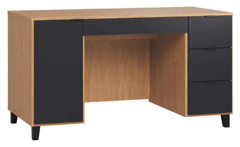 Schreibtisch Leoncho 02, Farbe: Eiche / Schwarz - Abmessungen: 78 x 140 x 67 cm (H x B x T)