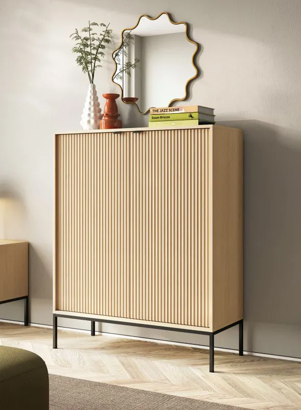 Kommode | geriffelte Front | Farbe: Eiche Vicenza | Highboard | 2 Türen | Maße: 104 x 39 x 125 cm | ABS-Kantenschutz | 6 Fächer | modernes Design