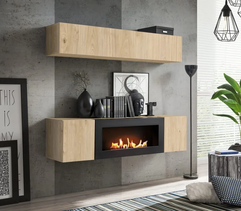 Wohnwand | Farbe: Eiche Hickory Jackson | 1 Hängeschrank | 1 TV-Unterschrank mit Bio-Ethanol Kamin | Maße: 160 x 40 x 150 cm | Push-to-open Funktion