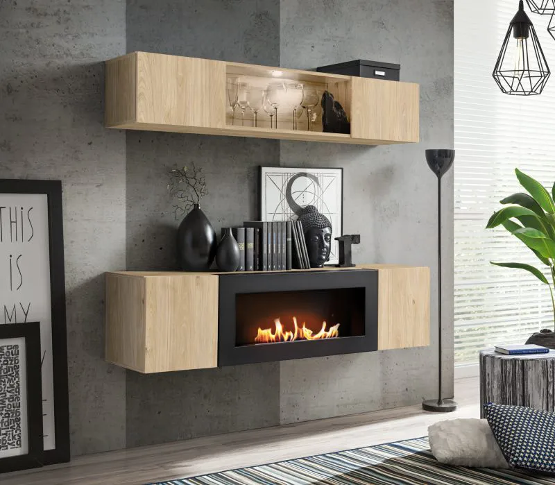 Wohnwand | Farbe: Eiche Hickory Jackson | Maße: 160 x 40 x 150 cm | 1 Hängevitrine | 1 TV-Unterschrank mit Bio-Ethanol Kamin | inkl. LED-Beleuchtung