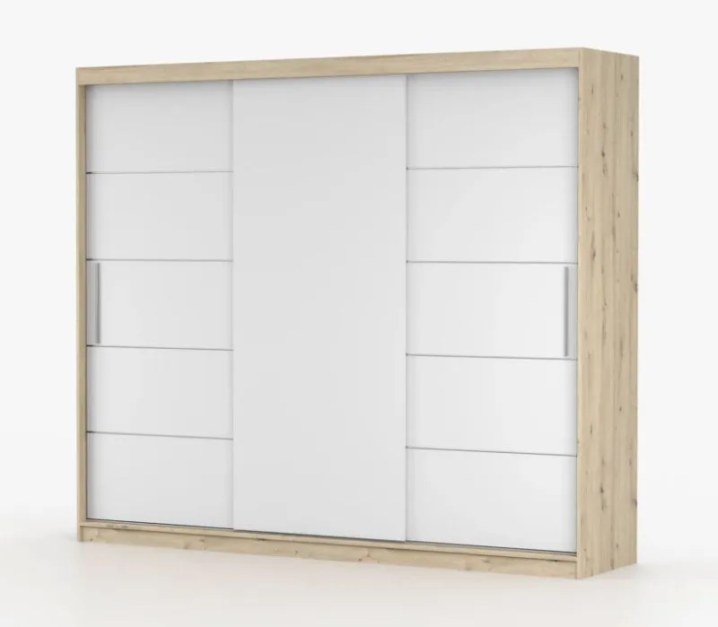 Kleiderschrank / Schiebetürenschrank Artisan / Weiß | Cevennen 16 | 218 x 250 x 61 cm | 3 Türen | 12 Fächer | viel Stauraum | Holzoptik | dünne Griffe