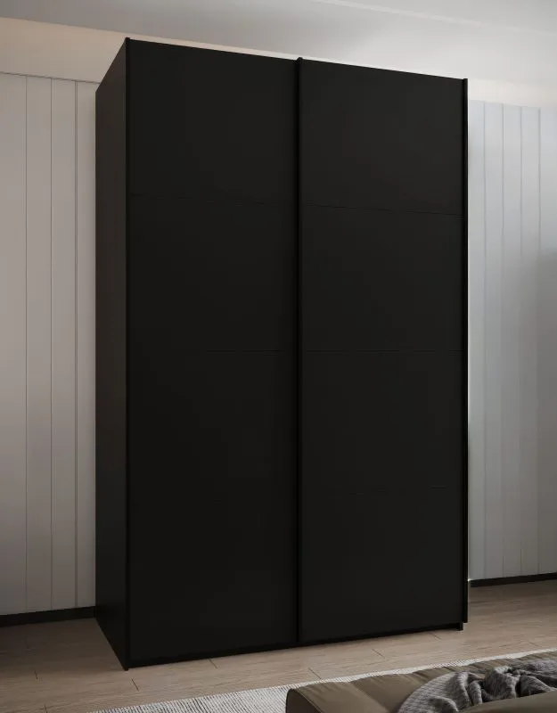 Kleiderschrank / Schiebetürenschrank | 2 Kleiderstangen | 2 Schiebetüren | 245,5 x 150 x 64 cm | 6 Fächer | 6 Einlegeböden | Soft-Close | Farbe: schwarz