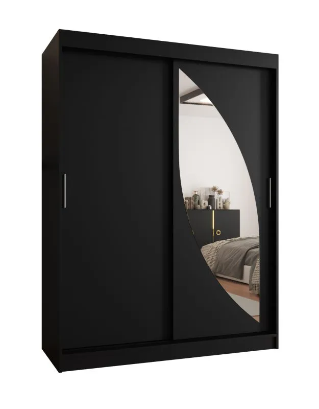 Schiebetürenschrank / Kleiderschrank Jorasses 11, Farbe: Schwarz, 1,5 Meter breit, fünf Fächer, eine Spiegeltür, zwei Kleiderstangen, Aluminiumschienen