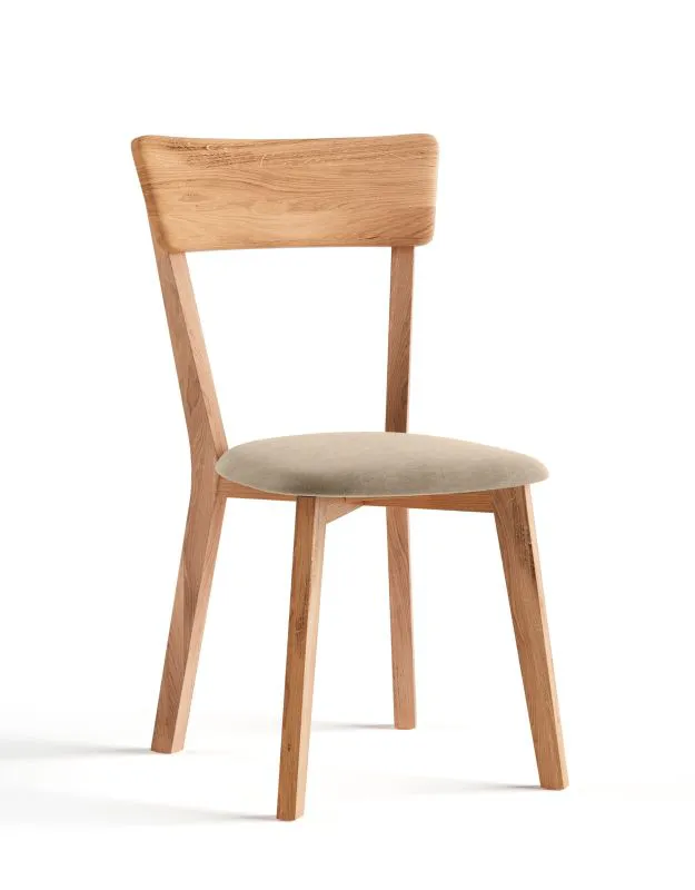 Holzstuhl mit beiger Sitzfläche Mineure 02, aus Massivholz Eiche, gepolsterte Sitzfläche, Maße: 85,5 x 46,5 x 50 cm, geölte Oberfläche, elegant