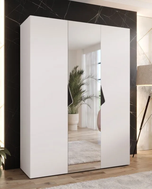 Drehtürenschrank / Kleiderschrank | 1 Spiegeltür | Farbe: Weiß | 2 Fächer | Griffe: Schwarz | 2 Kleiderstangen | Soft-Close | Maße: 150 x 52 x 202 cm