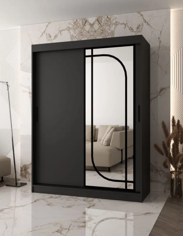Schiebetürenschrank / Kleiderschrank | Schwarz Matt | 150 x 62 x 200 cm | 2 Kleiderstangen | zuverlässiges Gleitsysteme | 5 Fächer | dekorativer  Spiegel