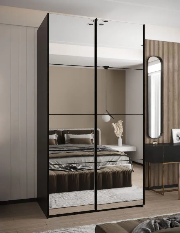 Kleiderschrank / Schiebetürenschrank | Soft-Close | 2 Schiebetüren | 245,5 x 140 x 64 cm | Spiegel | 2 Kleiderstangen | 6 Fächer | Farbe: Schwarz