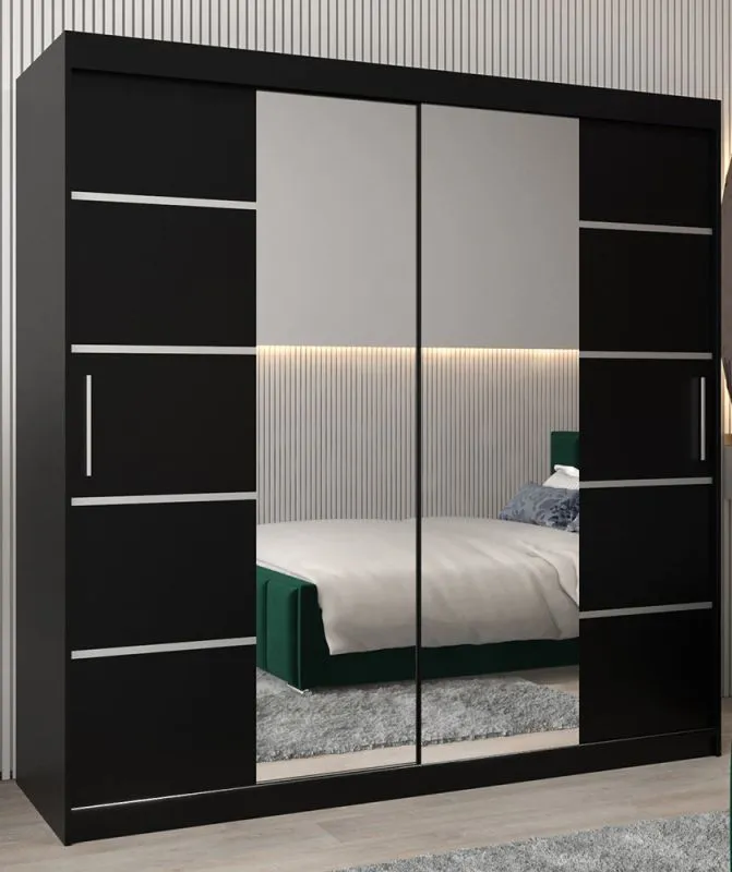 200 cm breiter Schiebetürenschrank mit 2 Türen | 10 Fächer | 2 Kleiderstangen | Farbe: Schwarz Abbildung
