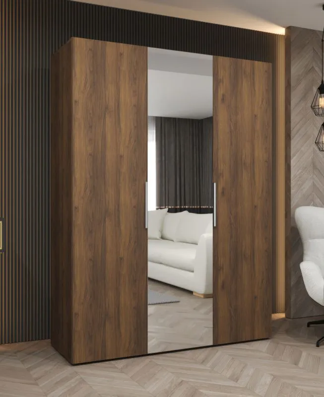 Kleiderschrank / Drehtürenschrank mit zwei Kleiderstangen | Farbe: Walnuss | 1,5 Meter breit | zwei Fächer | Griffe: Silber | eine Spiegeltür