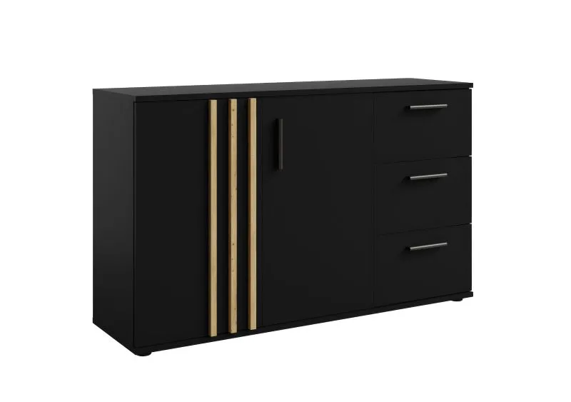 Sideboard mit drei Schubladen Elefsina 03, lange Kommode, Farbe: Schwarz / Eiche Artisan, zwei Türen, zwei Fächer, Maße: 73 x 120 x 35 cm, für Wohnzimmer
