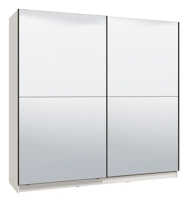 Kleiderschrank Bogati 03, Schwebetürenschrank, Farbe: Weiß / Weiß Hochglanz, zwei Spiegeltüren, zwei Kleiderstangen, Maße: 210 x 217 x 62,5 cm