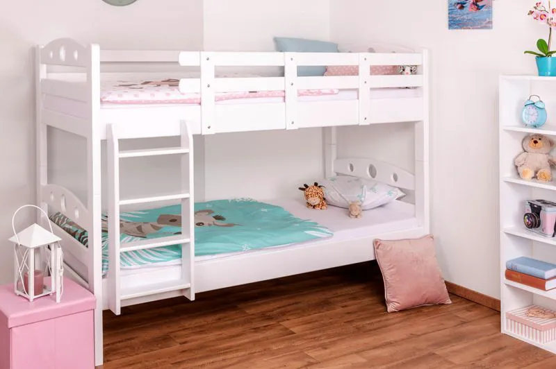 Etagenbett für Kinder 90 x 200 cm | Massivholz: Buche | Weiß Lackiert | umbaubar in 2 Einzelbetten | inkl. Rollroste Abbildung