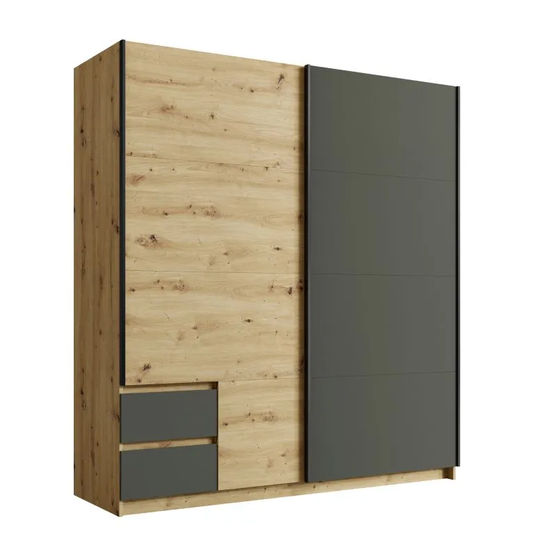 Schwebetürenschrank / Kleiderschrank mit zwei Schubladen Glyfada 01 , Farbe: Eiche Artisan / Grau, eine Kleiderstange, fünf Fächer, Maße: 199 x 181 x 62 cm