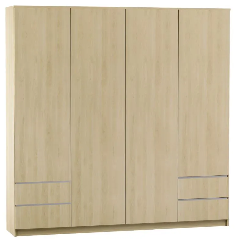 2 Meter breiter Kleiderschrank mit 4 Türen, 10 Fächern und 4 Schubladen | Farbe: Buche / Weiß | Tiefe: 60 cm Abbildung