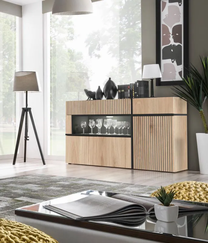 Kommode / Sideboard mit zwei Schubladen Jordalsgrenda 05, Farbe: Eiche / Schwarz, zwei Türen, 5 Fächer, Maße: 90 x 150 x 40 cm, für Wohnzimmer