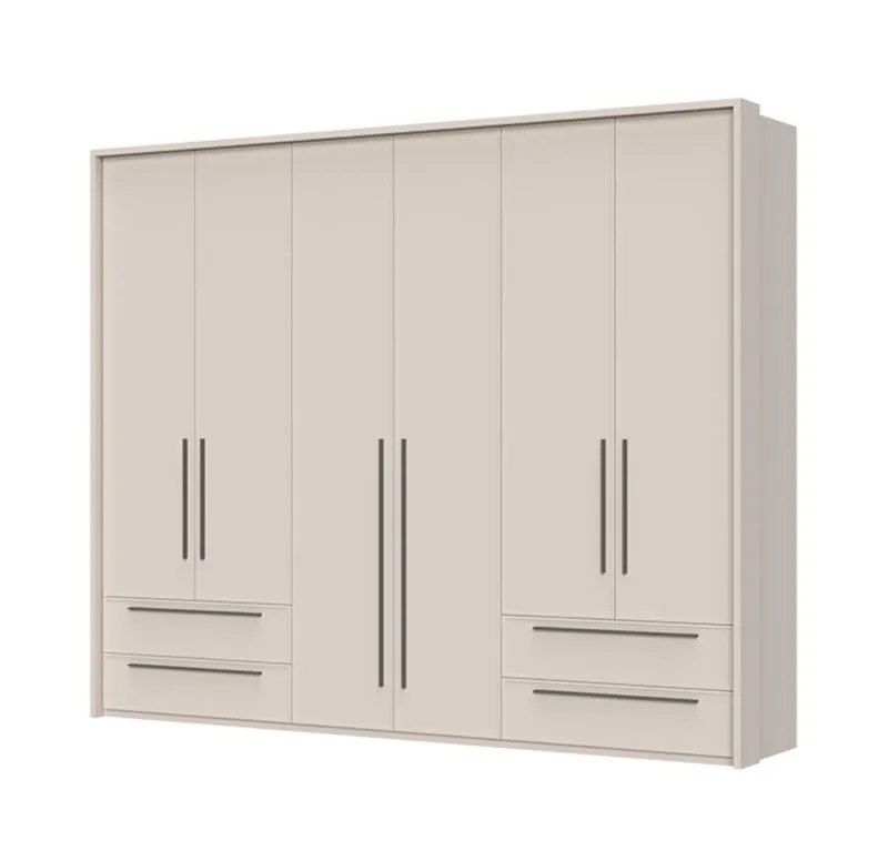 Breiter Drehtürenschrank mit Rahmen Neiafu 52, vier Schubladen, Farbe: Kaschmir, sechs Türen, fünf Einlegeböden, Maße: 226 x 277 x 60 cm, verstellbare Füße