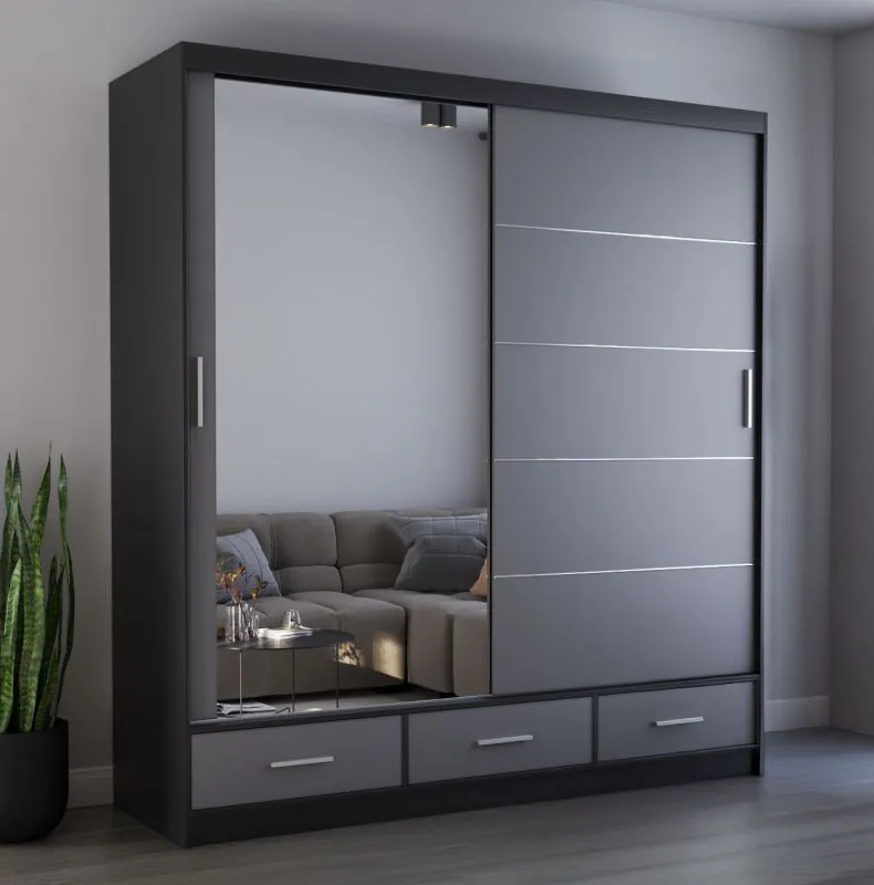Schiebetürenschrank / Kleiderschrank mit Spiegel | 218 x 203 x 61 cm | Grau / Schwarz | Lusatian 23 | 2 Türen | 3 Schubladen | 12 Fächer |  Zweifarbig