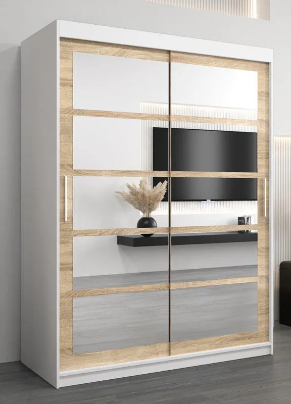 150 cm breiter Schiebetürenschrank mit 2 Türen | 5 Fächer | 2 Kleiderstangen | Farbe: Sonoma Eiche / Weiß Abbildung