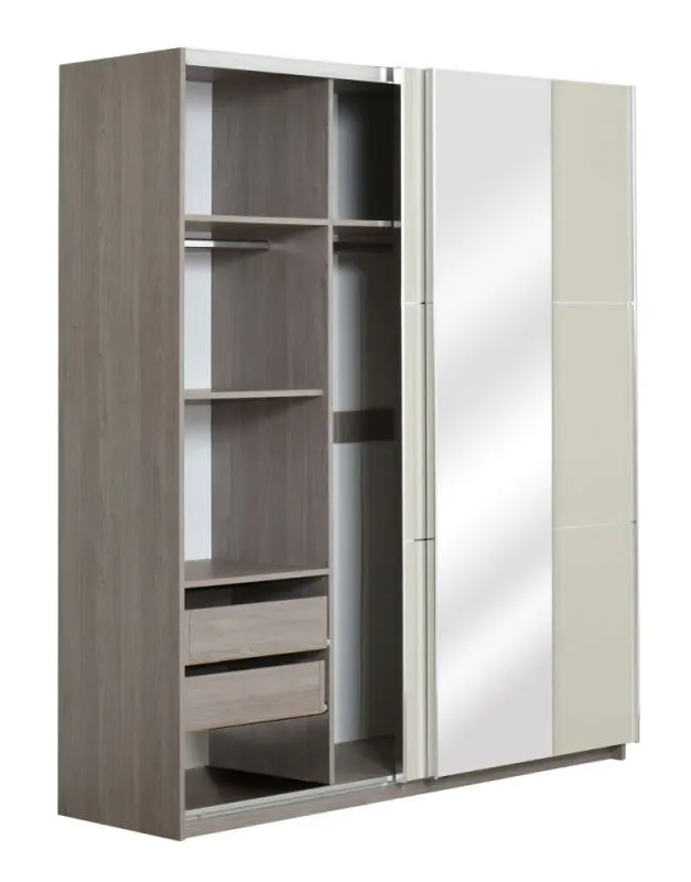 Kleiderschrank | 2 Schiebetüren | 2 Schubladen | 6 Fächer | mit 2 Kleiderstangen | 179 cm breit | Farbe: Eiche Abbildung