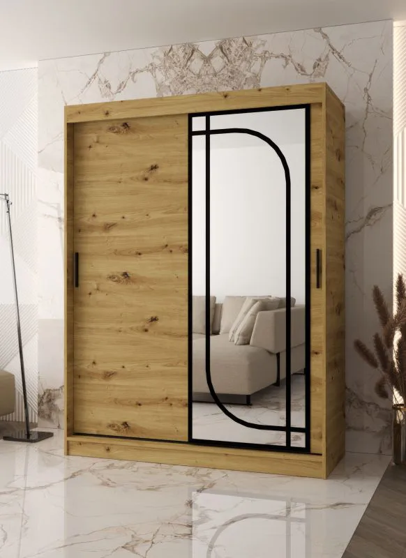 Schiebetürenschrank / Kleiderschrank | Farbe: Eiche Artisan | 150 x 62 x 200 cm | 2 Kleiderstangen | zuverlässiges Gleitsysteme | 5 Fächer | dekorativer Spiegel