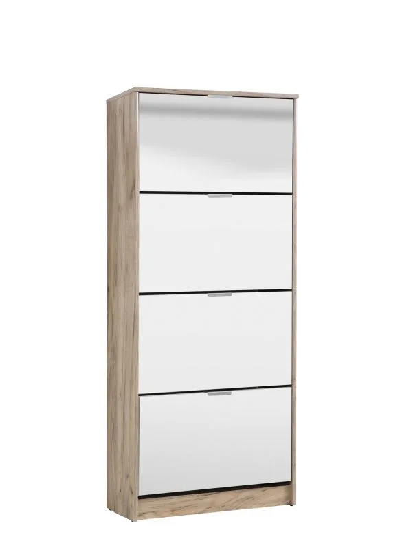 Hoher Schuhschrank mit Spiegel-Front Gradide 10, Farbe: Eiche Grau, vier Kipptüren, Griffe: Grau, Maße: 155,5 x 67 x 28 cm, acht Fächer, ABS-Kanten