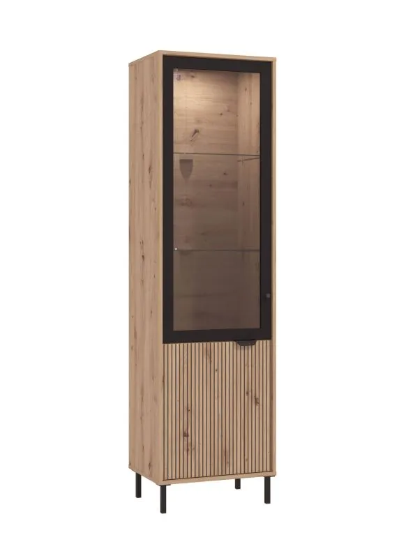 Vitrine mit einer Glastür Zvesdara 01, zwei Glaseinlegeböden, fünf Fächer, Farbe: Eiche Artisan / Schwarz, Griffe: Metall, Maße: 195 x 55 x 40 cm