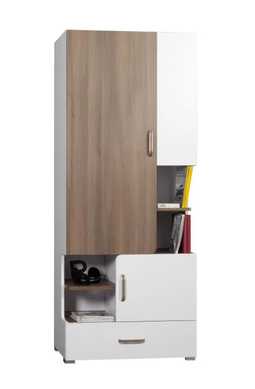 Schrank Bulolo 23, Farbe: Weiß / Nuss - Abmessungen: 198 x 80 x 38 cm (H x B x T)