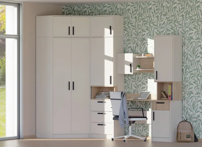 Jugendmöbel - Set I Fafe | 5-teilig | Farbe: Kaschmir / Eiche Cremona | Eckkleiderschrank | Schreibtisch mit Aufsatz | Soft-Close-Funktion