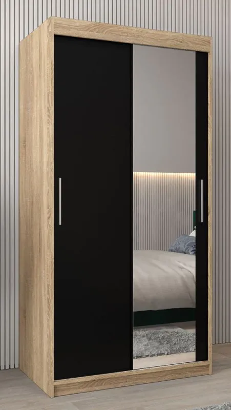 Schiebetürenschrank / Kleiderschrank Bisaurin 1C mit Spiegel, Farbe: Eiche Sonoma / Schwarz - Abmessungen: 200 x 100 x 62 cm ( H x B x T)