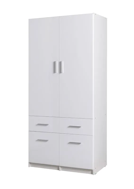 Drehtürenschrank / Kleiderschrank Messini 03, Farbe: Weiß / Weiß Hochglanz - Abmessungen: 198 x 92 x 54 cm (H x B x T)