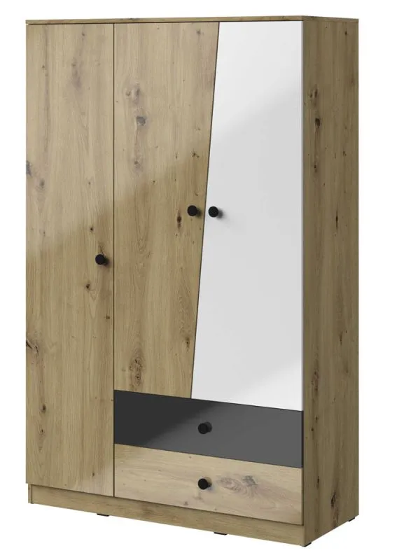 Drehtürenschrank / Kleiderschrank Sirte 03, Farbe: Eiche / Weiß / Schwarz Hochglanz -  Abmessungen: 190 x 120 x 50 cm (H x B x T)