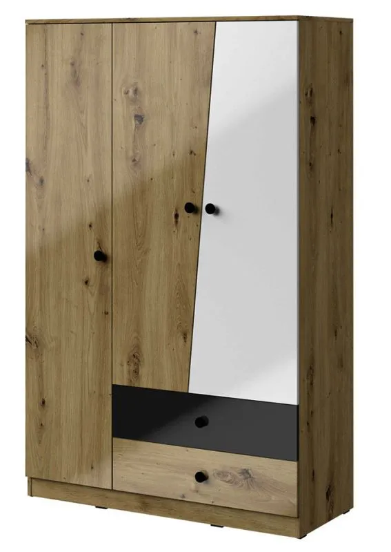 120 cm breiter Kleiderschrank mit 3 Türen, 6 Fächern und 2 Schubladen | Farbe: Eiche | Tiefe: 50 cm Abbildung