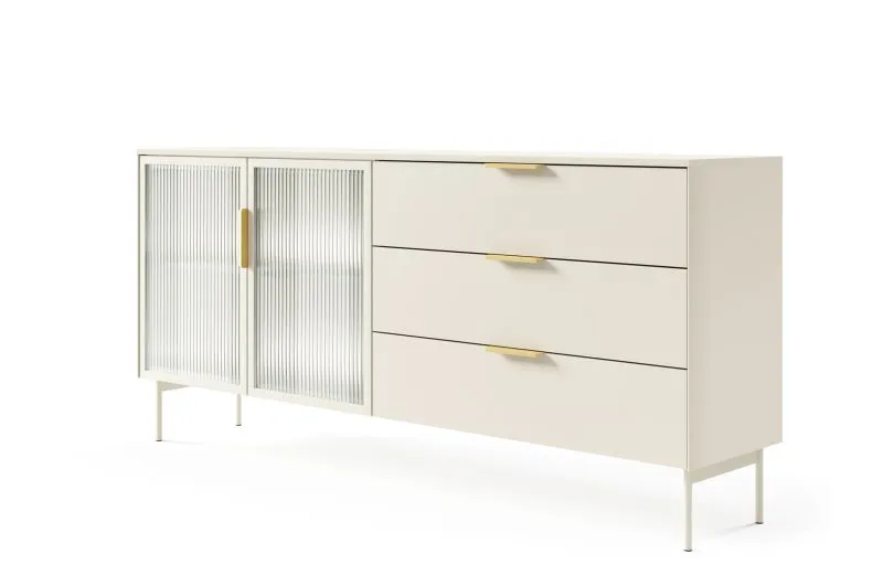 Kommode mit drei Schubladen Chaabane 03 | Farbe: Kaschmir | zwei gerillten Glastüren | inkl. LED-Beleuchtung | Maße: 82,6 x 181 x 39 cm | ABS-Kantenschutz