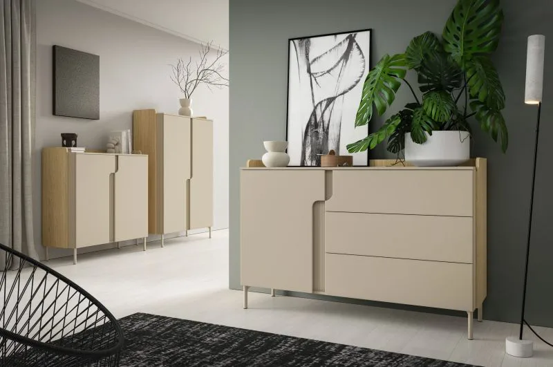 Wohnzimmer Set B | 3-teilig | Farbe: Eiche Mavelie / Macadamia | Push-to-open Funktion | Beine aus Metall | 1 Sideboard | 1 Highboard | 1 Kommode